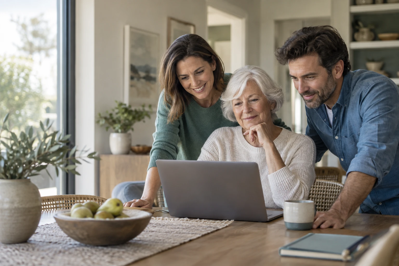 Adult family members reviewing options together on a laptop